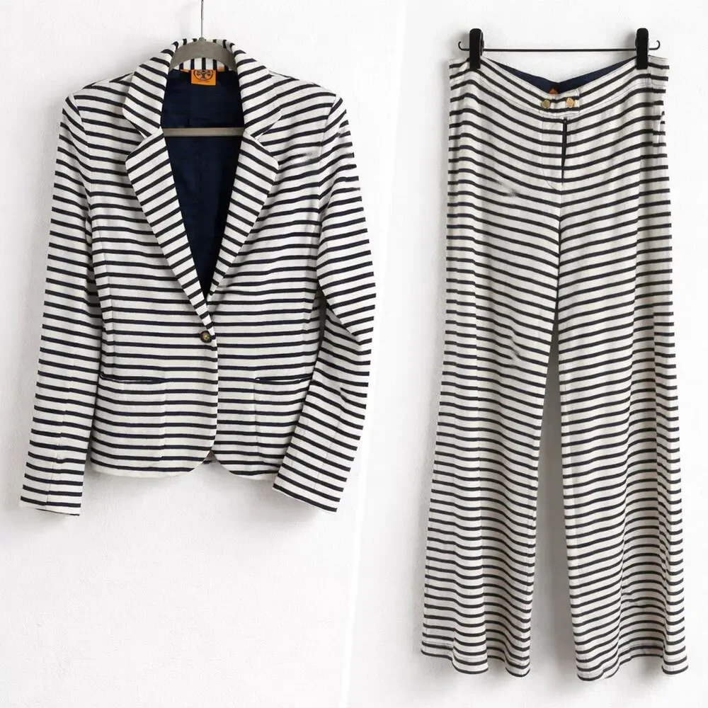 Tory Burch Navy White Striped Cotton Suit Wide Leg Pants Blazer Small Women’s